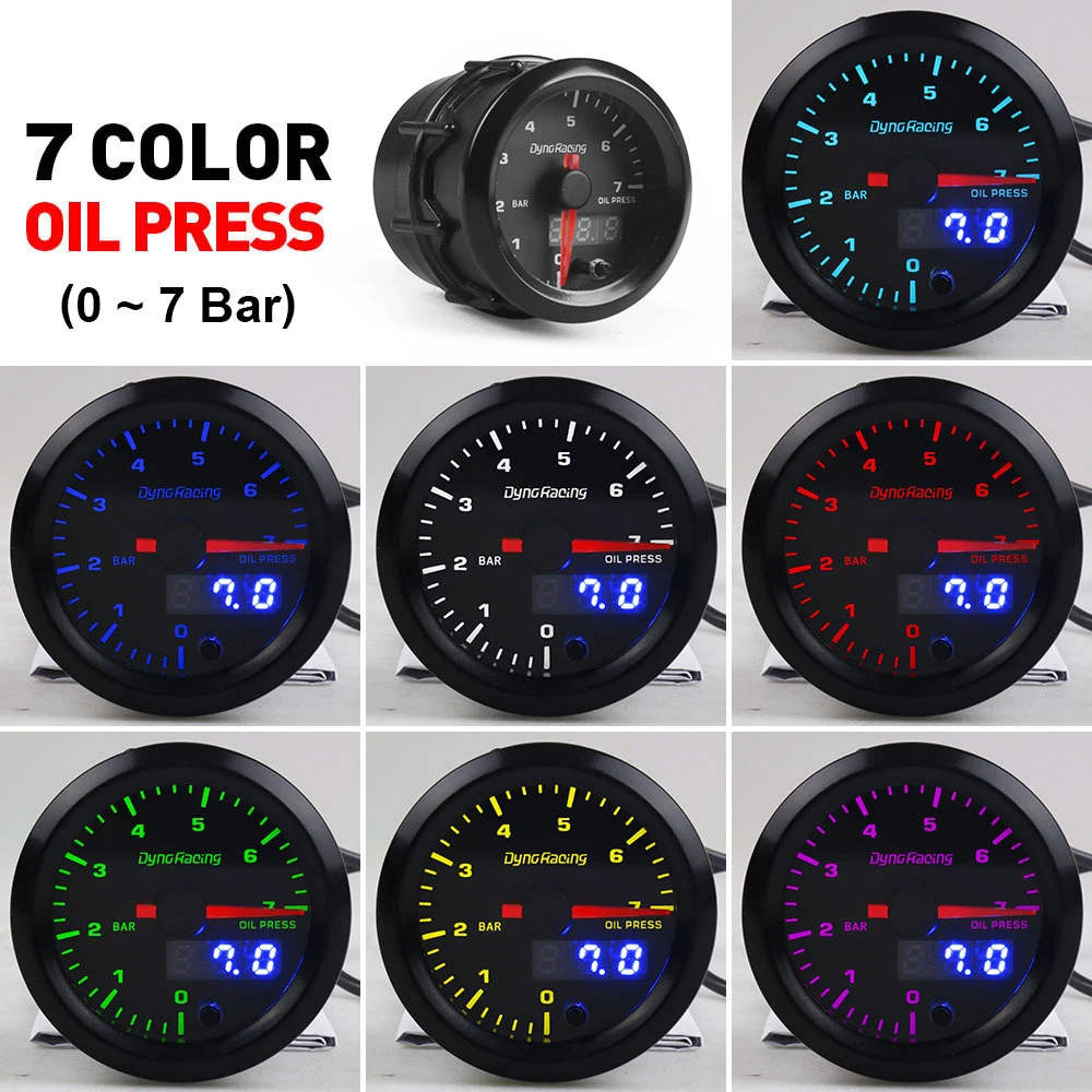 

7 Colors LED Car Oil Pressure Gauge Dynoracing 2" 52mm 0-7 BAR Oil Press Meter High Speed Motor with Sensor BX101733