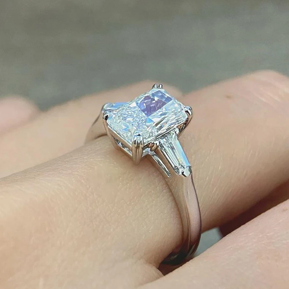 1/2/3/4Carat Radiant Cut Full Moissanite Engagement Ring with Tapered Baguette Shape Diamond S925 Silver Wedding Rings for Women 6