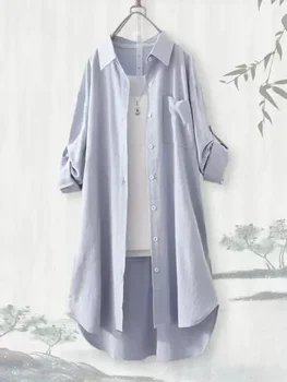 Plus Size Women Simple Long Sleeve Blouse Chic Korean Style Loose Fit Breathable Shirt Casual Autumn Solid Color Midi Tunic Tops