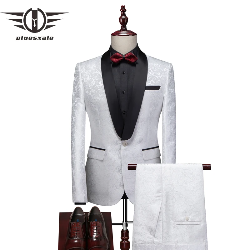 

Plyesxale Shawl Collar Two Piece Suit Men 2023 Elegant White Floral Men Tuxedo Prom Party Suit Floral Wedding Groom Suits Q1013