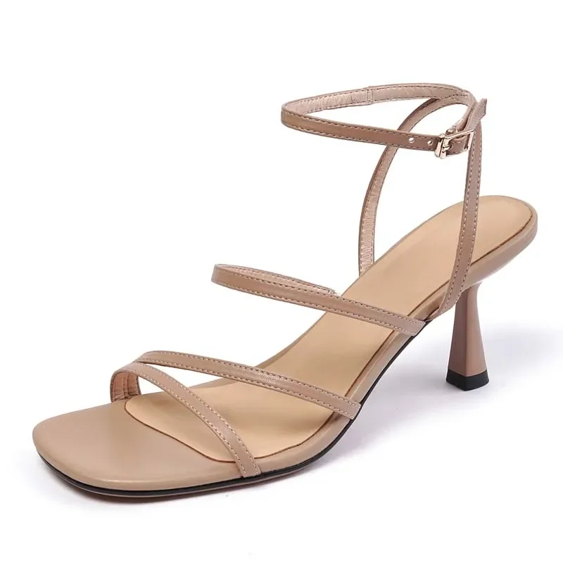Women's Summer Ankle Strap Sandals Open Toe High Heels Party Lady Fashion Beige Apricot One Word Buckle