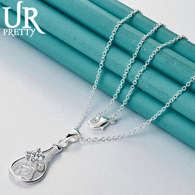 

URPRETTY 925 Sterling Silver Pattern Carved AAA Zircon Necklace 16/18/20/22/24/26/28/30 Inch Chain For Woman Wedding Jewelry