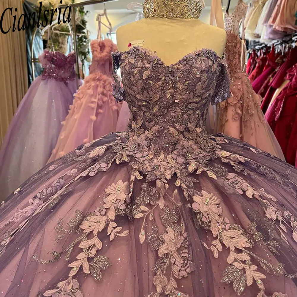 

Lavender Off The Shoulder Floral Appliques Lace Quinceanera Dresses Ball Gown Glitter Crystal Sweet 15 Birthday