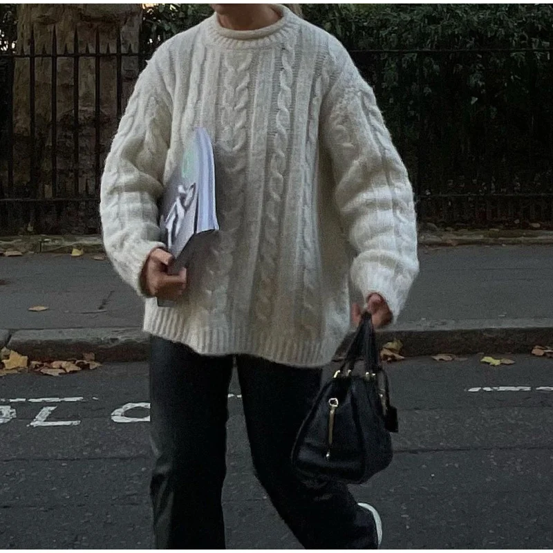 Casual Knitted Long Sleeve Sweaters Women Loose White Half High Neck Pullover Sweater Female Autumn Simple Chic High Street Tops