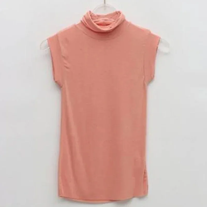 Solid Color Slightly Transparent Tees New Fashion Turtleneck T-shirts for Women Summer Sleeveless Bottoming Tops Clothes 11972