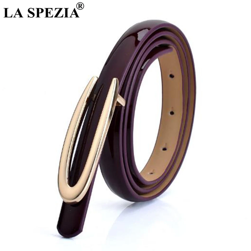 LA SPEZIA Women Thin Leather Belt Coffee Smooth Buckle Belt Ladies Patent Real Leather Cowhide Brand Narrow Belts For Dresses