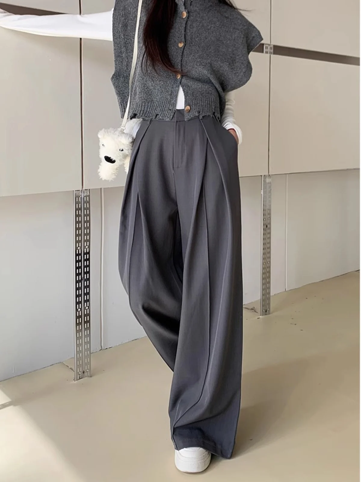 Versatile Suit Pants For Women In Spring 2024 New Wide Leg Solid Black Grey Casual Pants Loose And High Waisted Wide Leg Pants