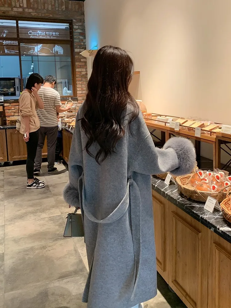 Winter New Women Double-sided Wool Lace-up Coat Cuffs Removable