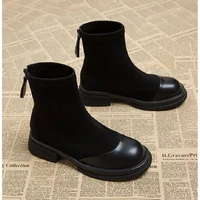 2025 Autumn/Winter British Style Women's Fashion Boots-Chunky Sole Slimming Ankle Boots with Leather & Flannel Panel Rear Zipper - Image 5