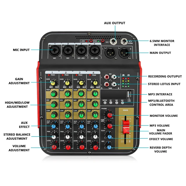 6-Channel Audio Mixer Outdoor Conference Audio USB Bluetooth-compatible Reverb Audio processor Sing Live with Sound Card Mixers 2