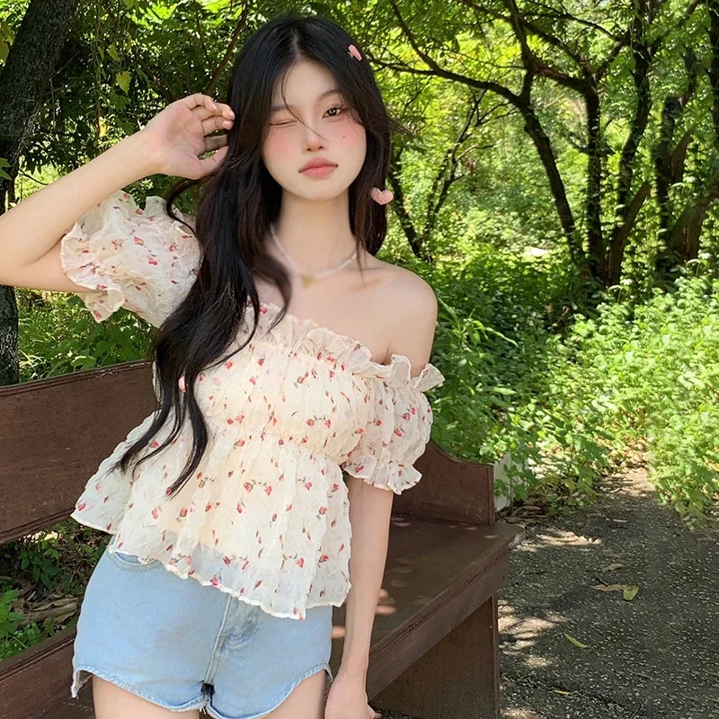 

Women Floral Elegant Puff Sleeve Slash Neck Blouses Summer Hotsweet Crop Tops Streetwear Female Vacation Daily Korean Style Y2k