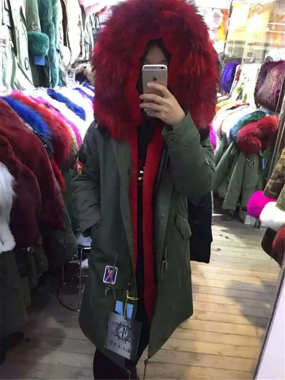 bright red faux fur trim parka coat