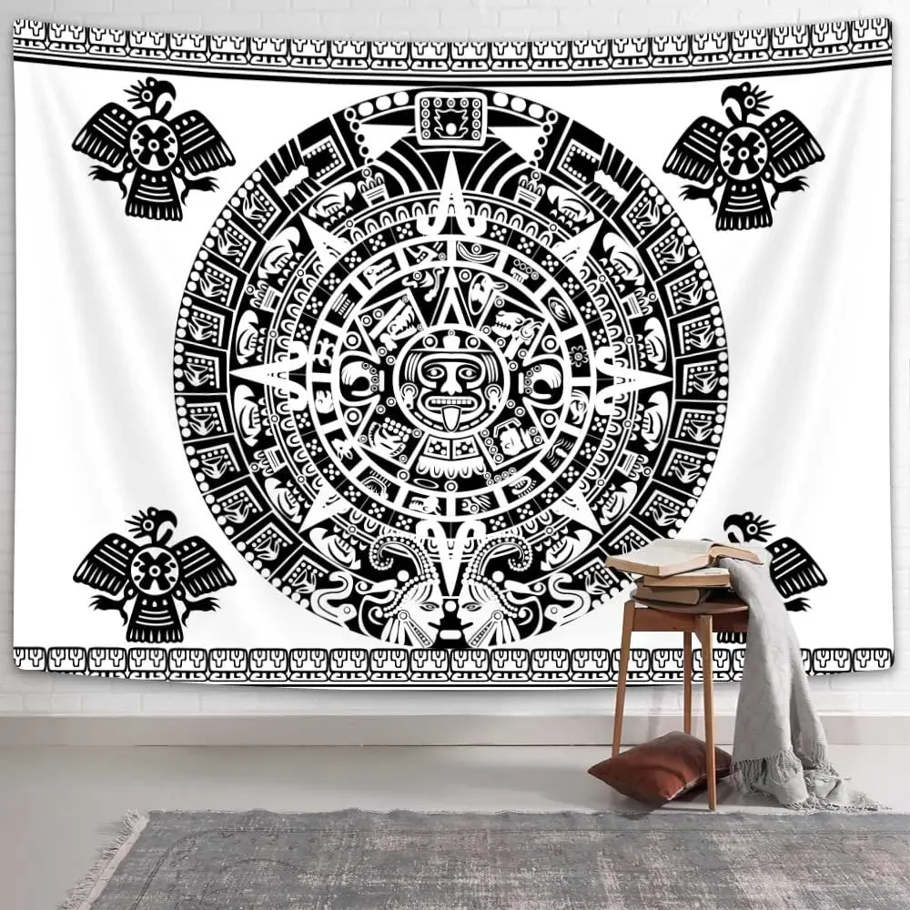 Aztec Calendar Tapestry Black and White Vintage Mayan Sign Ancient Words Wall Hanging for Bedroom Living Room Dorm Home Decor tapestry decor