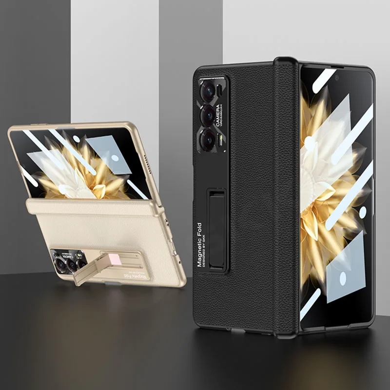 All-included Plain Leather Case For Honor Magic V2 Magnetic Hinge Case Shockproo