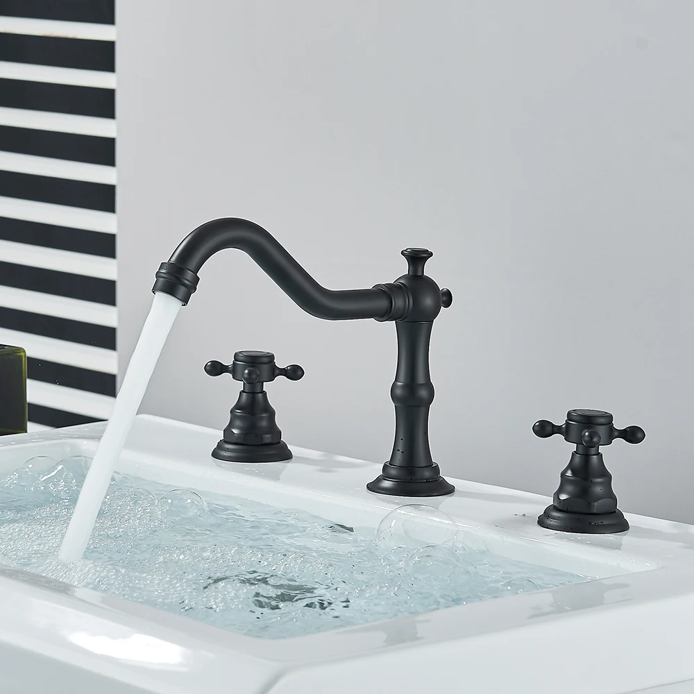 Uythner Black Basin Faucet Dual Handles Bathroom Tub Faucet Deck Mounted Hot and Cold Water Mixer Basin Tap Widespread 3 Holes 2