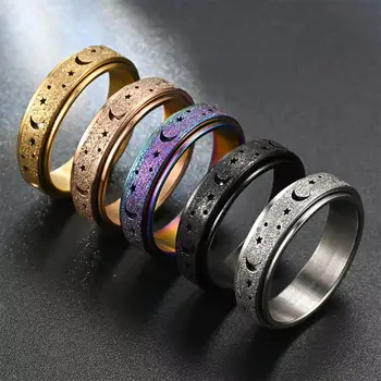 Anelli Girevoli in Acciaio Inossidabile per Uomo e Donna, Design Rotante 6MM con Motivo Luna e Stella, Gioiello alla Moda