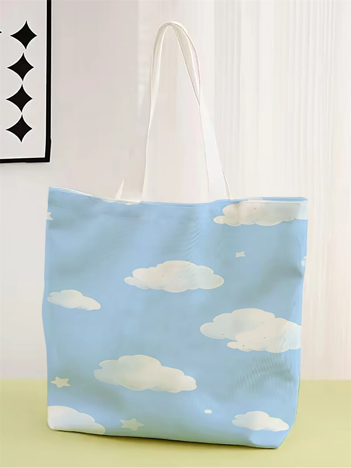 1pc,cartoon white cloud handbag, reusable fashionable handbag, multifunctional handbag, printed canvas shopping bag