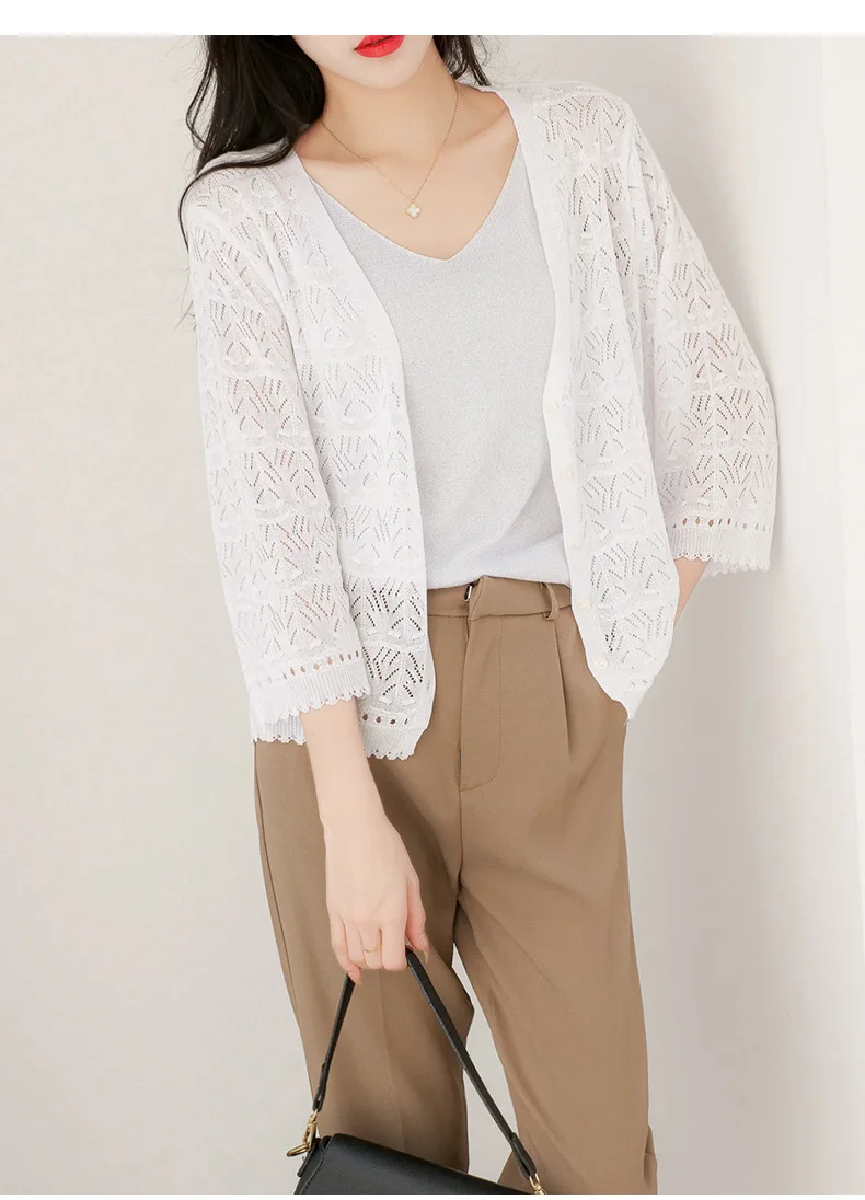 Spring Summer Women's Thin Hollow Knit Cardigan Korean Fashion Top Short Loose Air-conditioned Sunscreen Shirt Grace New