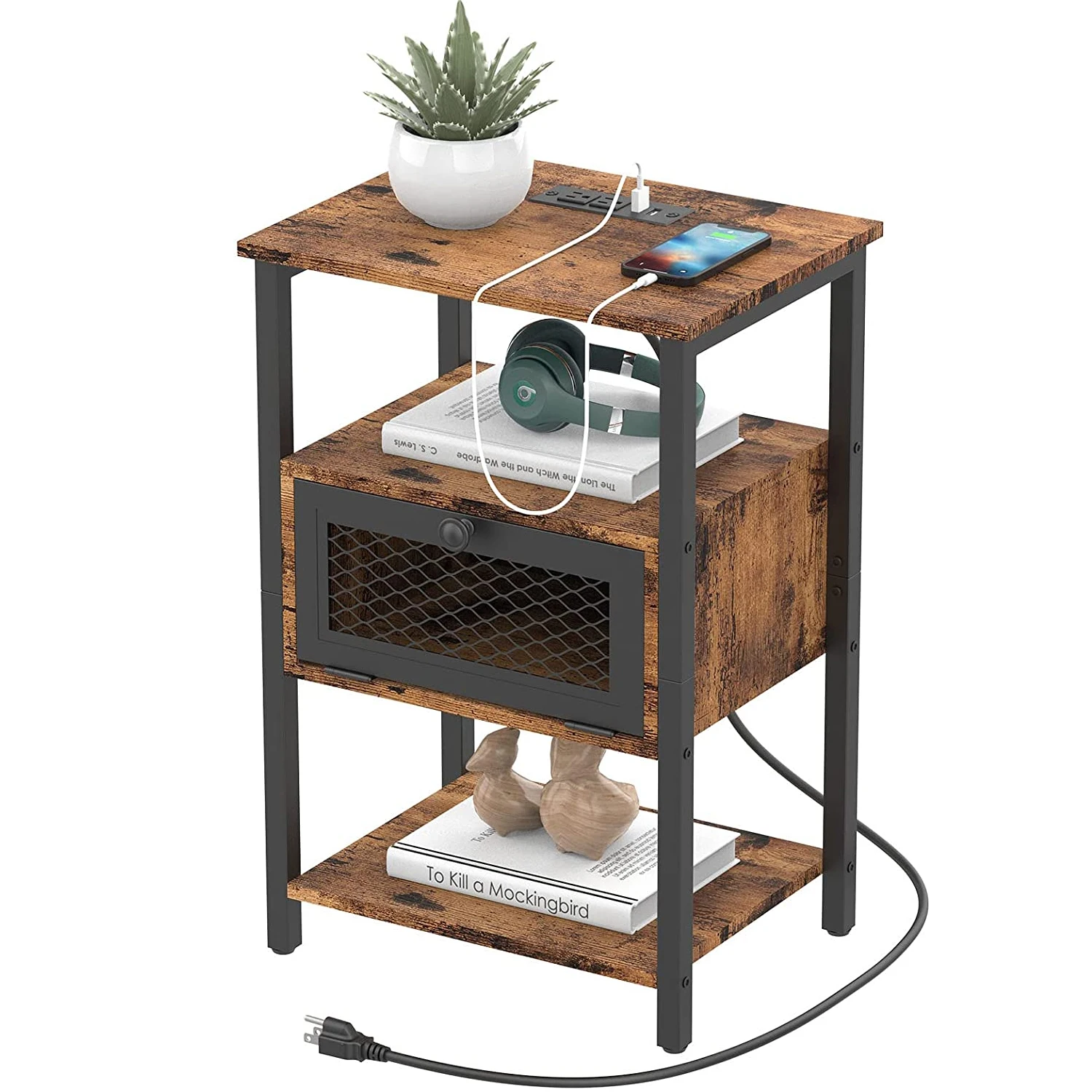 Nightstand with Charging Station, End Table with Power Outlets and USB Ports, Farmhouse Side Table Drawer and Storage Shelf