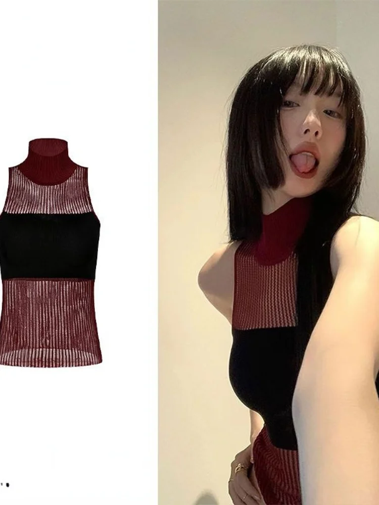 

2023 Summer Y2k Aesthetics Knitted T-shirt Women Korean Turtleneck Tees Contrast Tank Tops Sleeveless Thin Sexy Crop Top QY1025