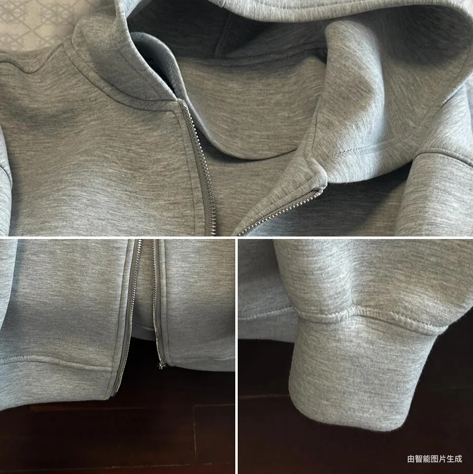 Women's Grey Hooded Coat Solid Long Sleeve Loose Zipper Jacket Sports Style Female Autumn Fashion Oversize Outerwears