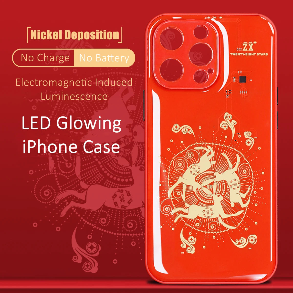 

High-grade 3 Bunny Electromagnetic Induced Luminescence LED Glow Nickel Deposition Pattern Resin Back iPhone 13 14 Pro Max Case