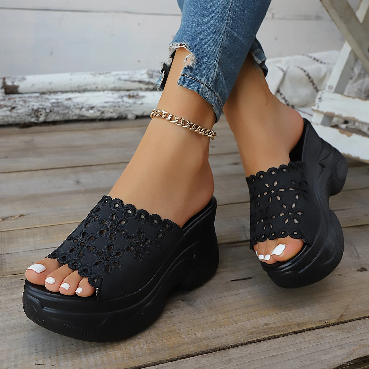 Aphixta Black Wedge Slides 3.54inch Super High Heels Platform Woman Outside Slippers Soft Hollow-out Flower Summer Wedge Shoes