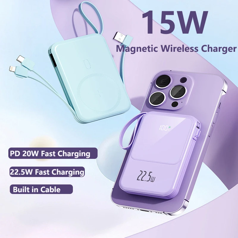 

20000mAh Magnetic Qi Wireless Charger Power Bank Built in Cable 22.5W Fast Charging for iPhone 15 14 13 Xiaomi Samsung Powerbank