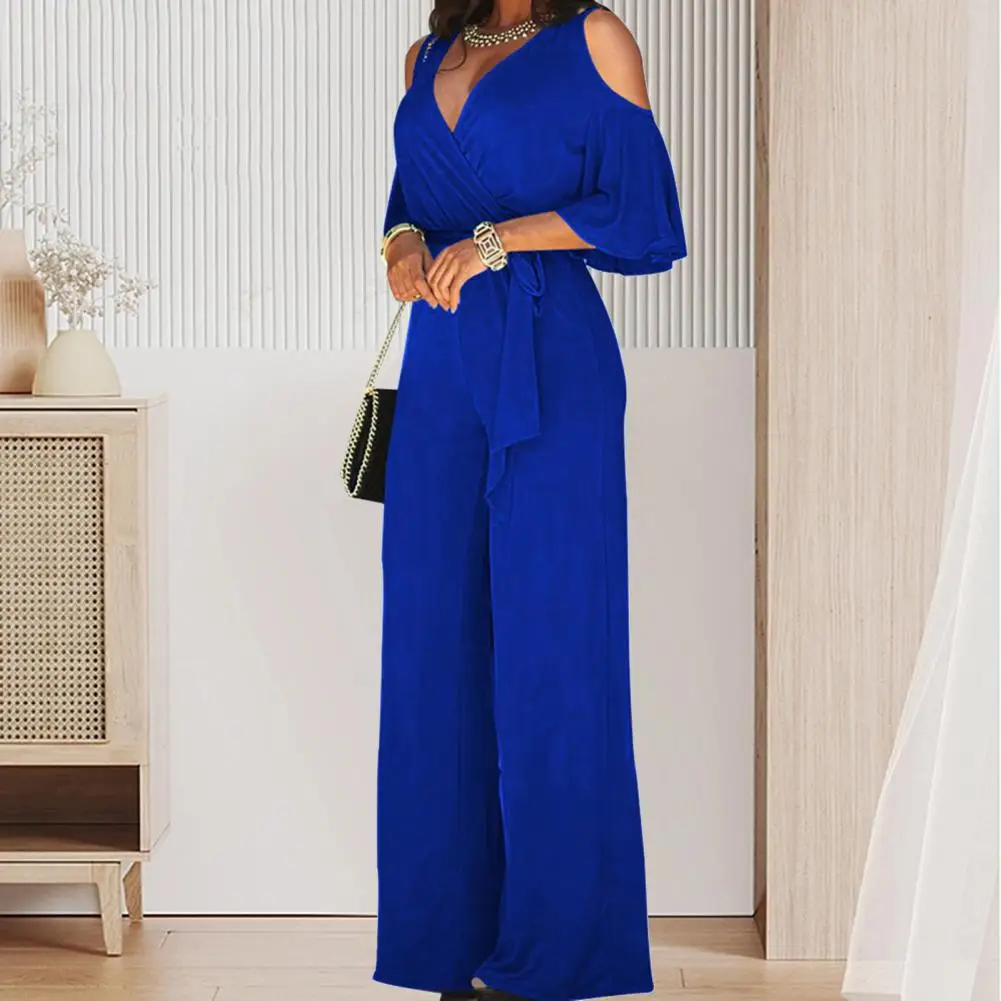 

Chic Women Jumpsuit Lace Up Summer Jumpsuit Hollow Out Solid Color Women Jumpsuit Commute