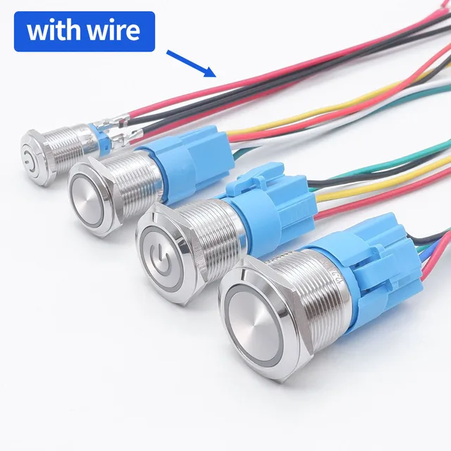 Metal Push Button Switch with Wire On Off PC Power Waterproof 12v for Car Momentary Latching Fixed NO NC 5V 220V 12 16 19 22 mm