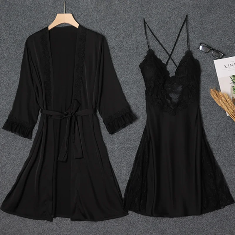 Lace Patchwork Kimono Bathrobe Set Female Sleepwear Twinset Robe Suit With Strap Nightgown Summer Perspective Nightwear Lingerie