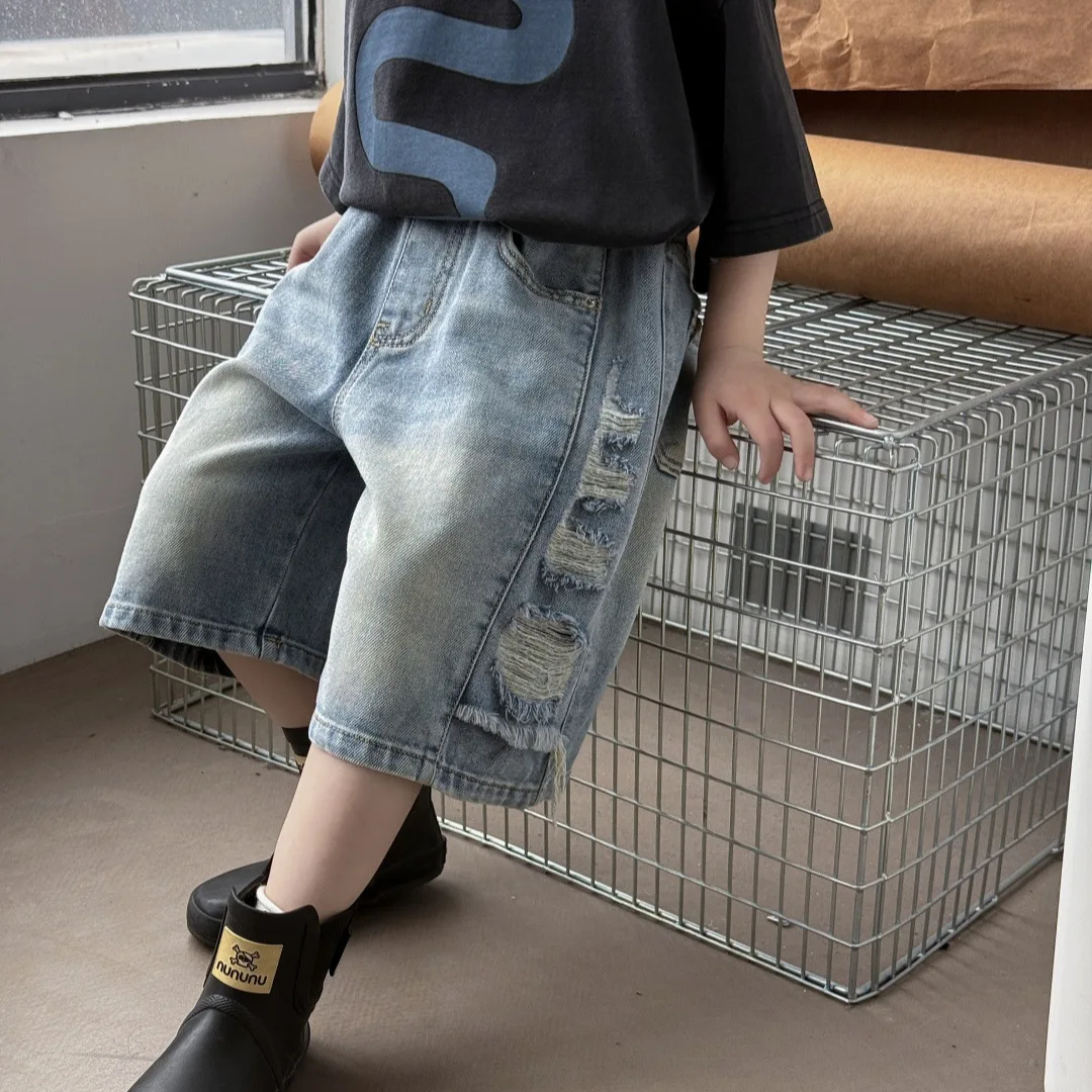 Children Clothes Boys American Vintage Style Ripped Denim Shorts Boys Summer Thin Loose Fashion Simple Casual Kids Pants