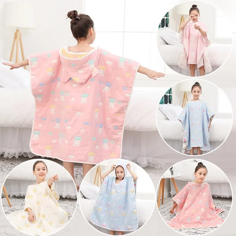 

100% Cotton Six Layers Gauze Bath Towel Cartoon Baby Hooded Cloak Girl's Nightdress Absorbent Bathrobe Children Nightgown