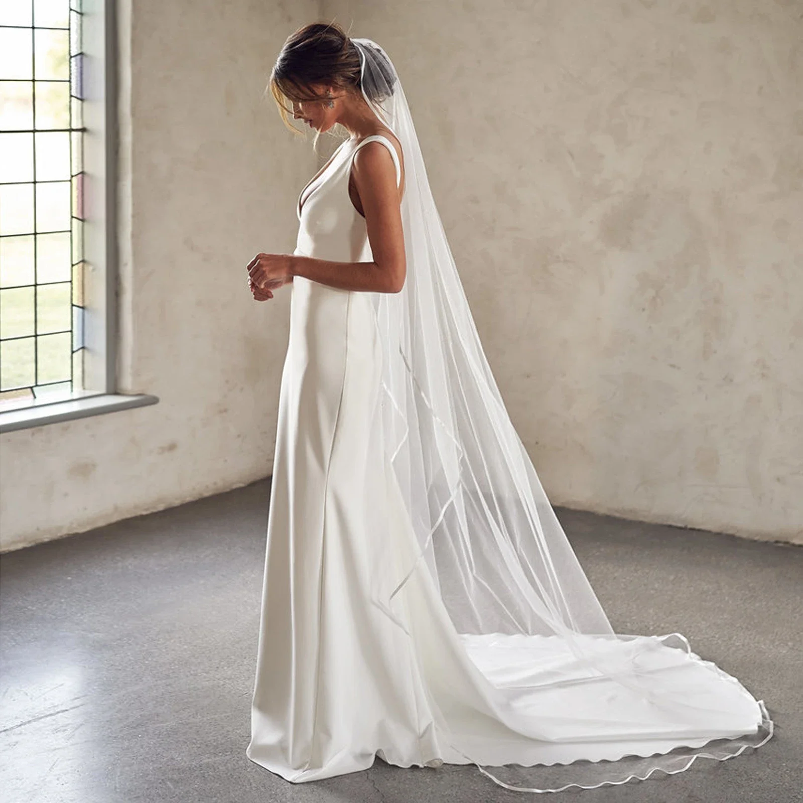 NZUK Long Bridal Veil with Ribbon Edge Wedding Veil Bride to Be 3 M White Ivory Wedding Veil Photo Accessory Cathedral Veil