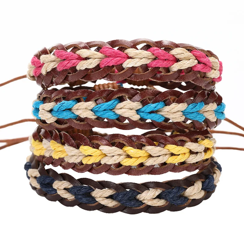 Mutiple Couple Color Cotton Woven Bangle Handmade Braided Colored Thread Rope Adjustable String Leather Charm Bracelet Gifts