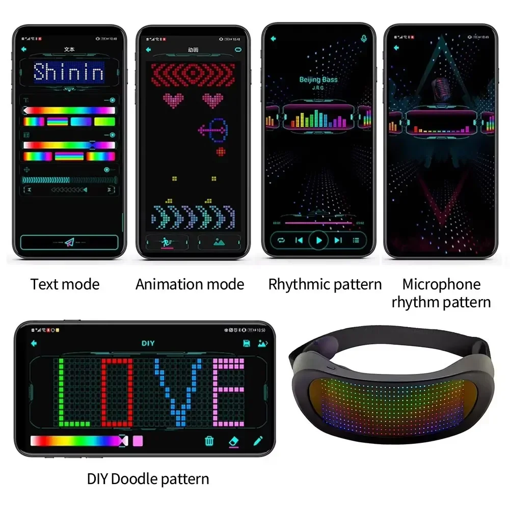 새로운 미래 지향적 인 V1 V2 블루투스 DIY Led 안경 할로윈 바 다이나믹 풀 컬러를위한 프로그래밍 가능한 빛나는 빛나는 전자 소품