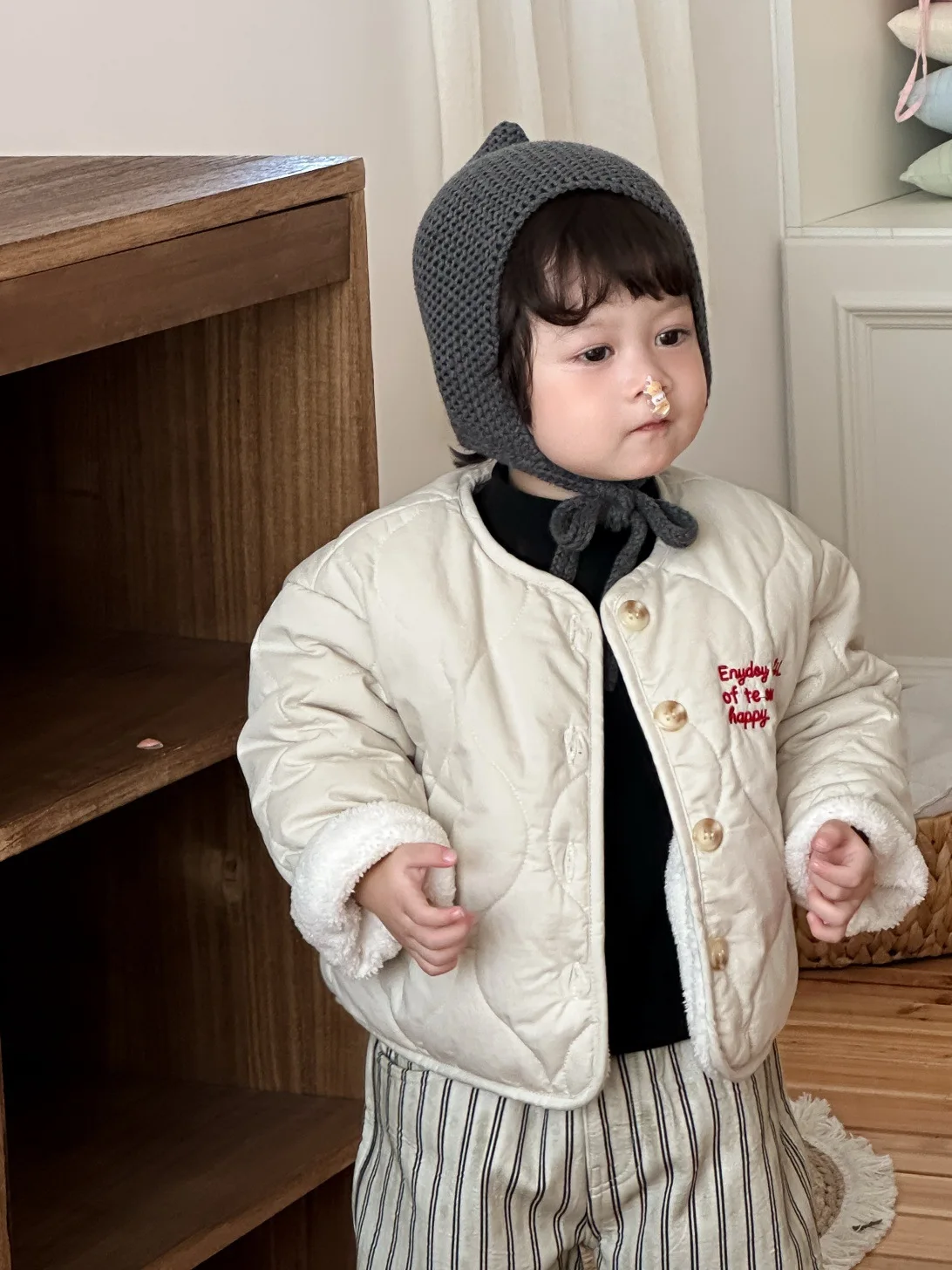 겨울 가을 따뜻한  남아용 푸프 싱글 브레스티드 플리스 안감 코트 어린이 퀼팅 코튼 재킷 아동복 상의 0-4세