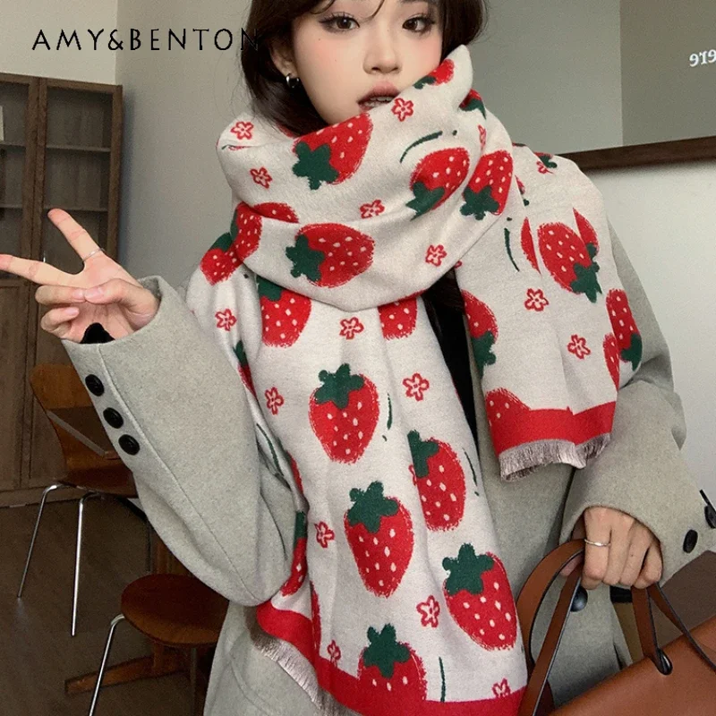Korean Scarf Women's Winter Versatile Strawberry Warm Shawl Dual-purpose Cute Printed Faux Cashmere Thickened Student Scarves