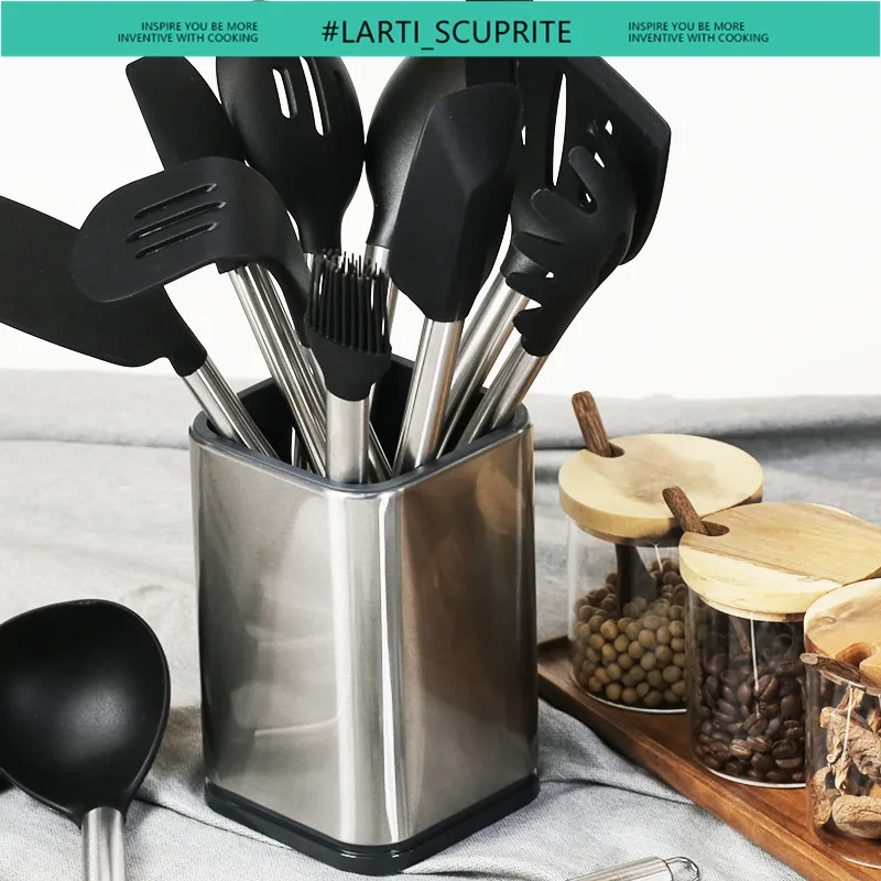 Stainless Steel Cooking Utensil Storage Bucket Kitchen Accessories Knife Spoon Spatula Drain Container Rose Gold Drying Canister kitchen utensils set