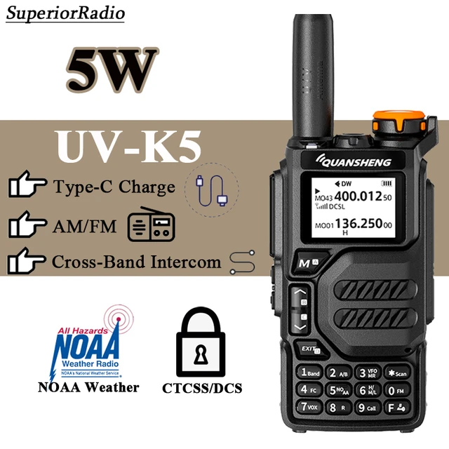 Quansheng UV-K5 5W Handled Ham Radio Two Way Radio NOAA Emergency Weather  Receiver With Type-C Charging Cable, Headset (Black)