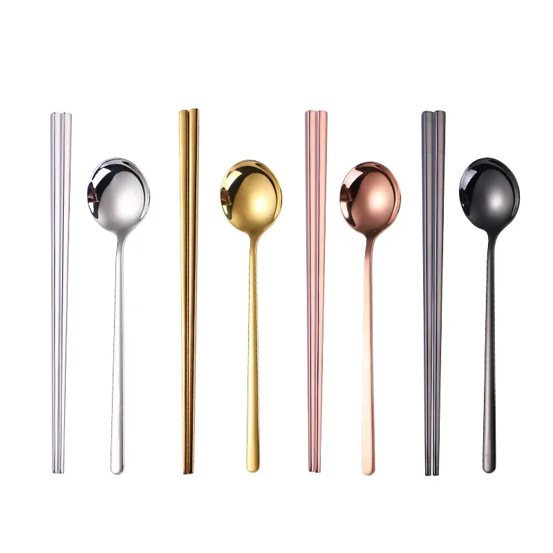 Korean Long Handle Chopsticks Spoon Cutlery Set Reusable Stainless Steel Non-slip Sushi Sticks Food Soup Spoon Dinnerware Set