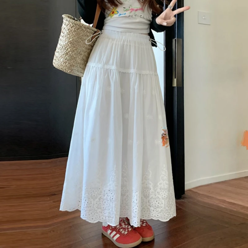 Korean Style Sweet Summer A-Line Maternity Skirt Drawstring Waist Hollow Out Embroideried Lace Pregnant Woman Skirt Breathable