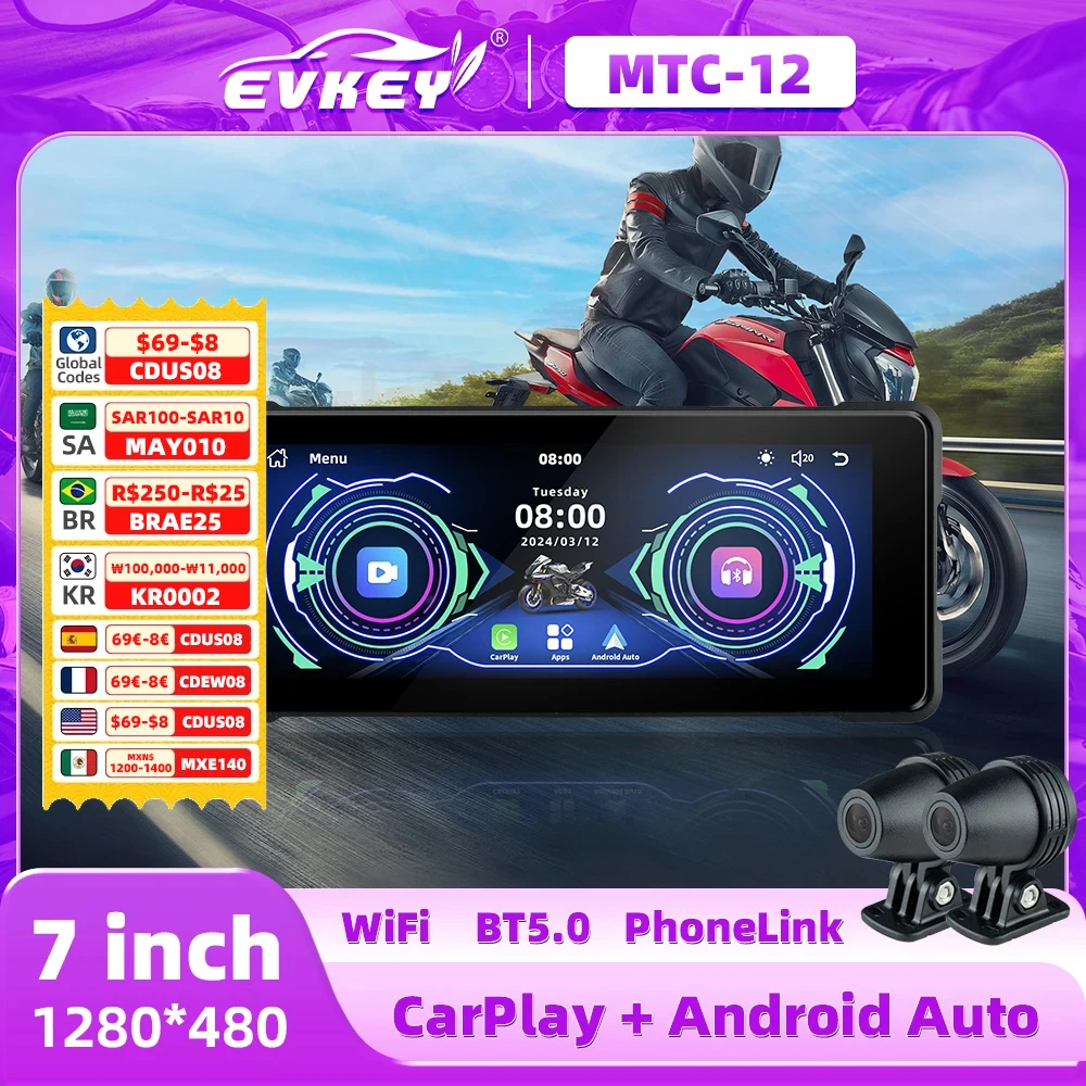 

EKVEY Motorcycle CarPlay 7.0inch Wireless Apple GPS Navi Android Auto Front Rear Dual Bluetooth Camera Recorder