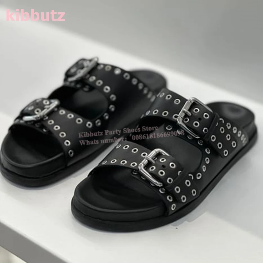 

Belt Buckle Rivet Slippers Flat With Solid Color Fashion One Strap Round Toe Sandals Party Dress Concise Shoes for Women Summer