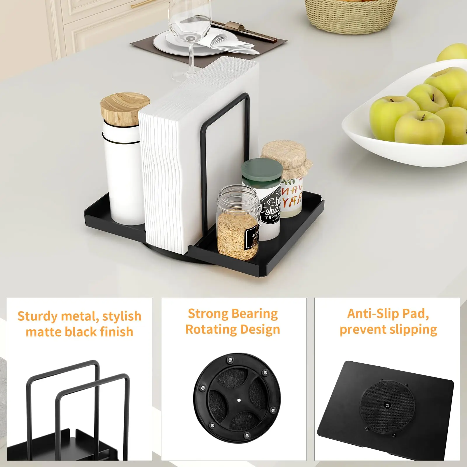 Napkin holder for table, 360° rotating metal napkin holder with salt and pepper shaker holder, suitable for kitchen table decor 4