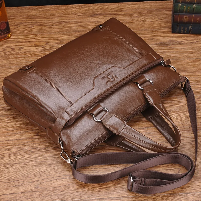 Vintage Men's Zipper Briefcase Business PU Leather Executive Handbag Large Capacity Shoulder Messenger Bag Male Laptop Bag