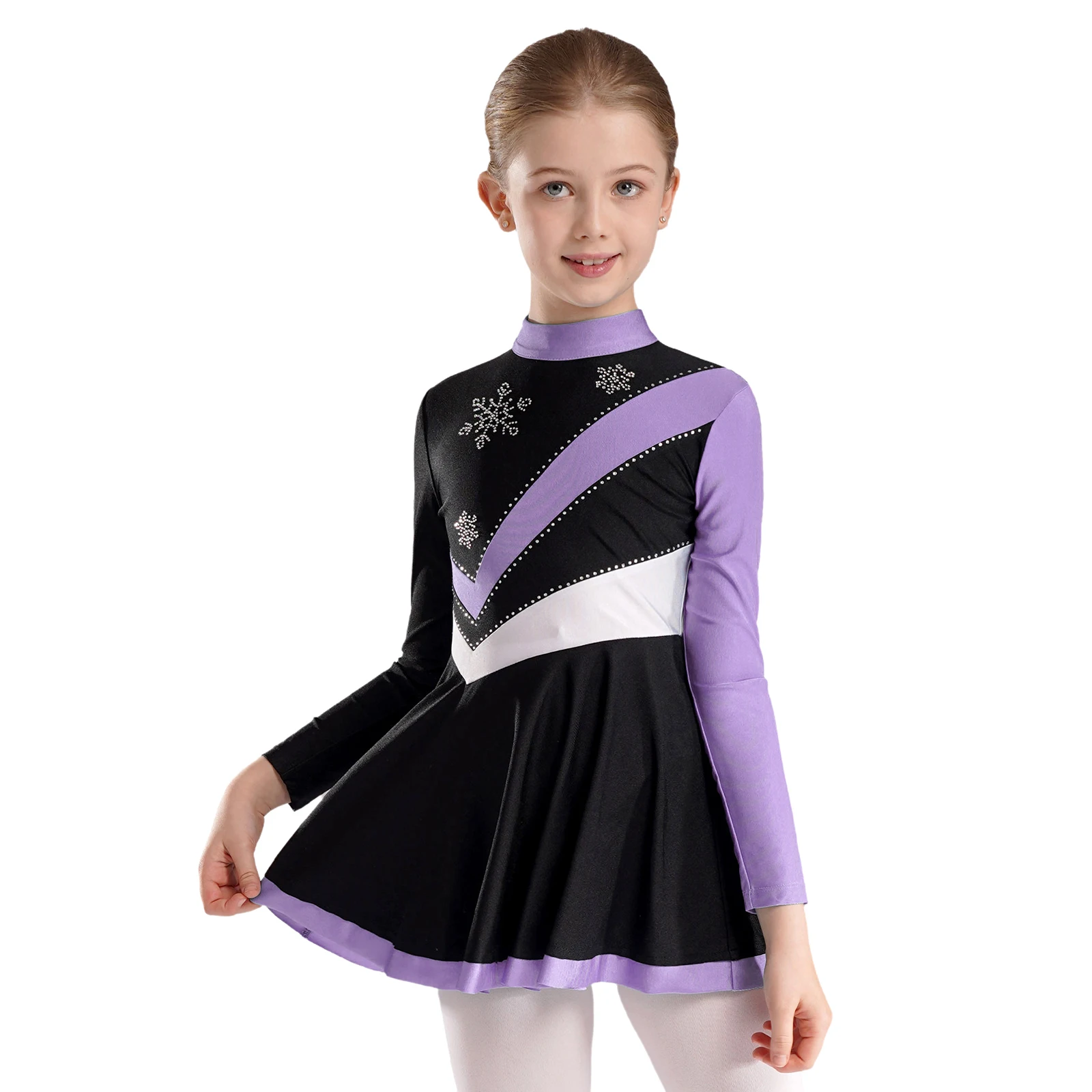 Kids Girls Figure Skating Contrast Color Long Sleeve Dance Dresses Sparkly Rhinestone Snowflakes Keyhole Back Dance Dresses