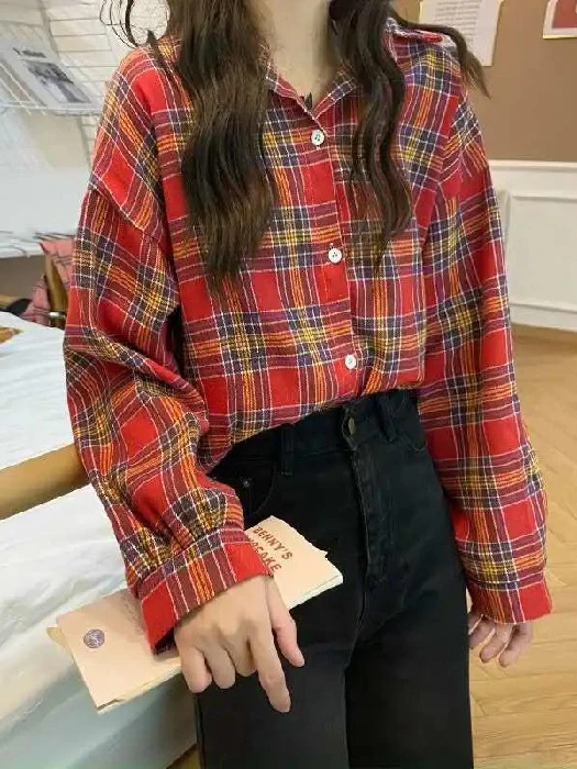 

Женская рубашка в клетку, винтажная Свободная блузка из хлопка с длинными рукавами, в Корейском стиле, осень 2023