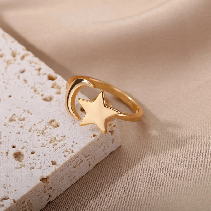 Fashion Moon Star Rings For Women Stainless Steel Gold Color