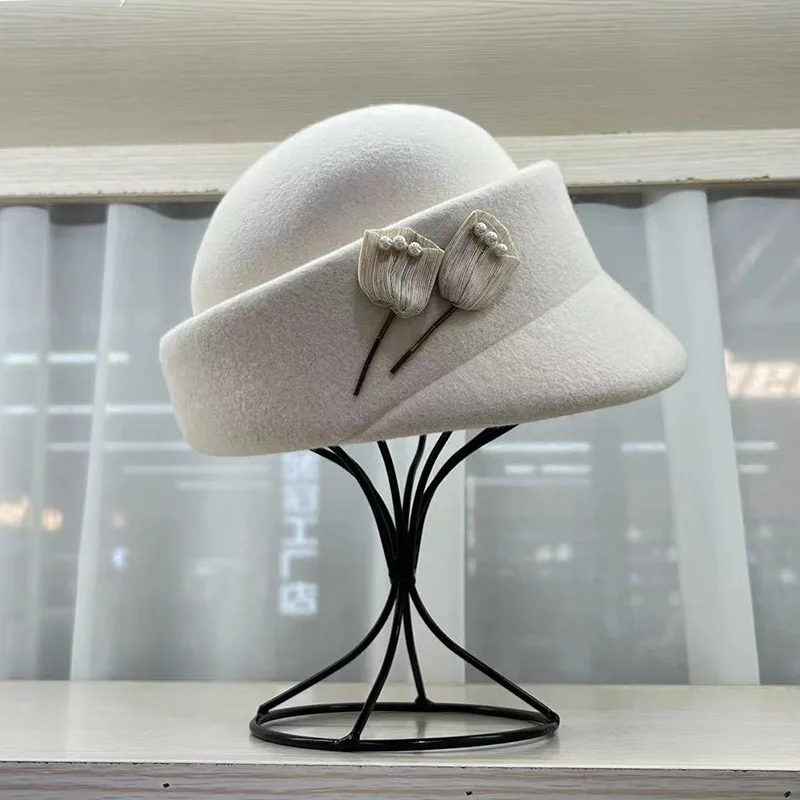 قبعات صغيرة للنساء ، صوف ، قبعات أنيقة ، مراسم زفاف ، قبعة كنيسة ، فيدوراس للسيدات ، شتاء ، أنيق ، زهرة